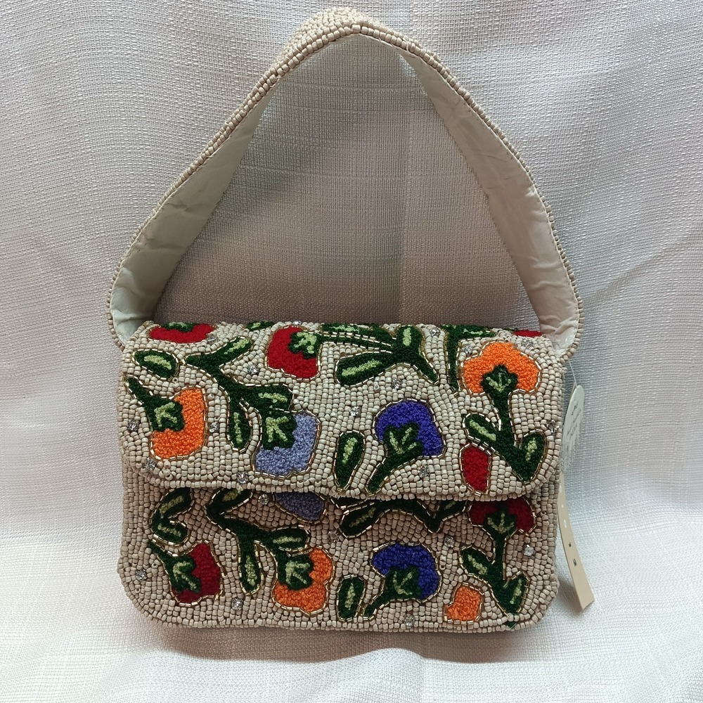 NWT Studio 12 Beige‎ Beaded Tapestry Floral Pattern Handbag India Viral TikTok
